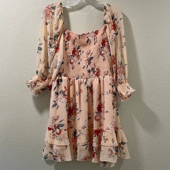 EXLURA (NWT) Empire 3/4 Sleeve Peasant Ruffle Mini Dress, Peach/Pink Multi - L - Picture 3 of 12